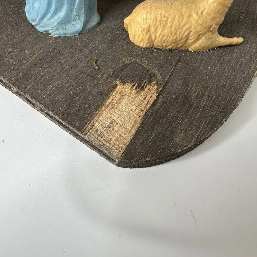 Vtg Wooden Nativity Manger Creche Plastic Fixed Figures Jesus‎ Angel Mary Joseph